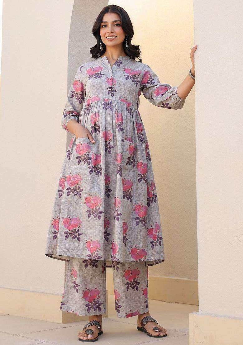 Grey Printed Cotton Kurta Set - Indya