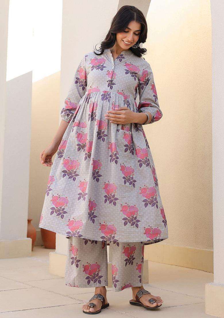 Grey Printed Cotton Kurta Set - Indya