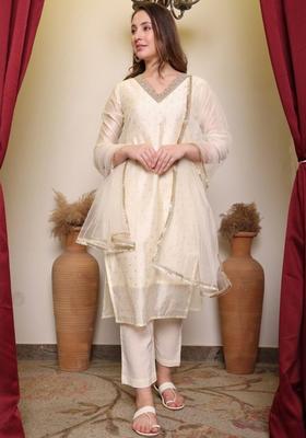 Cream Embroidered Silk Blend Kurta Set