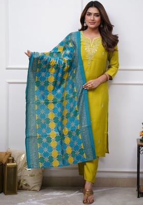 Mustard Embroidered Cotton Kurta Set