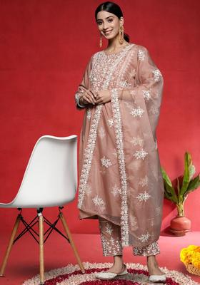 Peach Embroidered Cotton Kurta Set