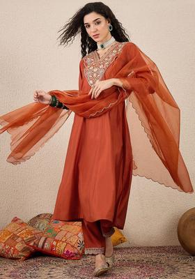 Rust Embroidered Silk Blend Kurta Set