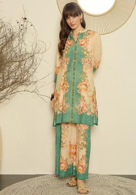 Cream Printed Cotton Kurta Set