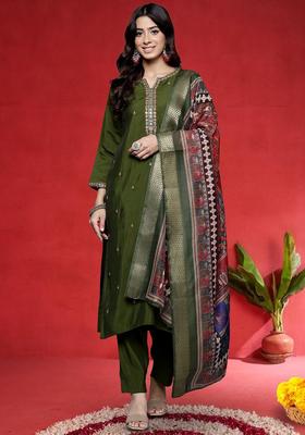 Olive Embroidered Silk Blend Kurta Set