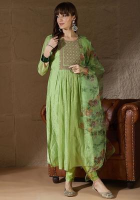Green Woven Design Silk Blend Kurta Set