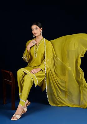 Green Solid Silk Kurta Set