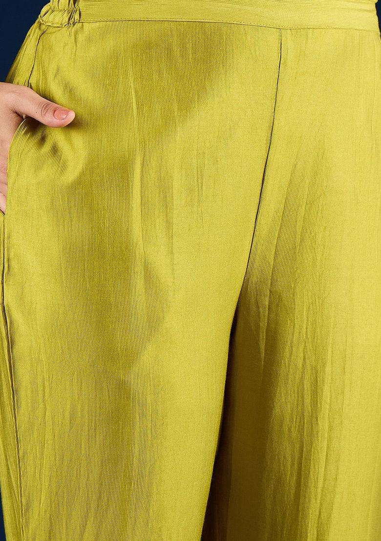Green Solid Silk Blend Kurta Set - Indya