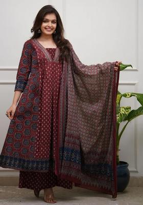 Maroon Printed Viscose Kurta Set
