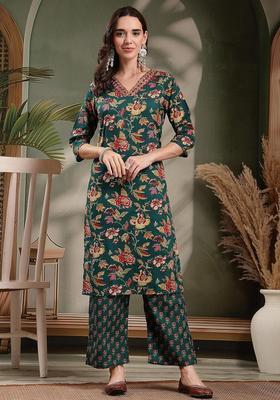 Green Self Design Cotton Kurta Set