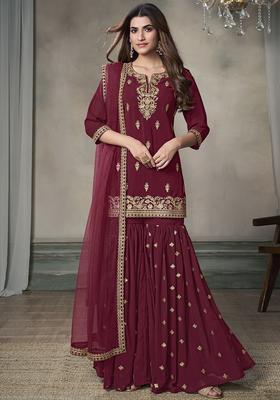 Maroon Embroidered Georgette Kurta Set