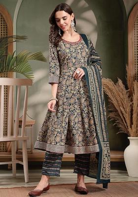 Green Self Design Cotton Kurta Set