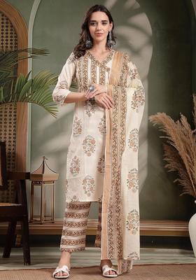 Brown Self Design Cotton Kurta Set