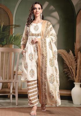 Brown Self Design Cotton Kurta Set