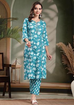 Blue Self Design Cotton Kurta Set