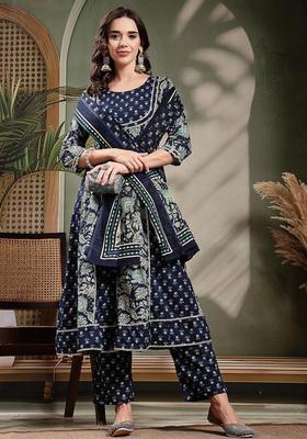 Navy Blue Self Design Cotton Kurta Set