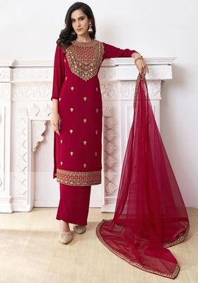 Red Embroidered Georgette Kurta Set