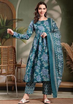 Green Self Design Cotton Kurta Set