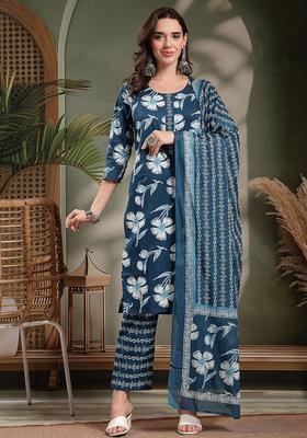 Blue Self Design Cotton Kurta Set