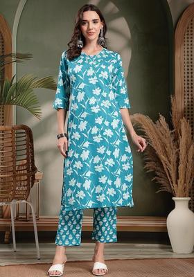 Blue Self Design Cotton Kurta Set