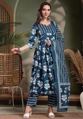 Blue Self Design Cotton Kurta Set