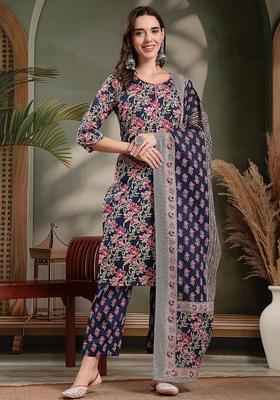 Navy Blue Self Design Cotton Kurta Set