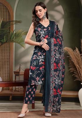 Navy Blue Self Design Cotton Kurta Set