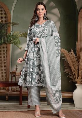 Grey Self Design Cotton Kurta Set