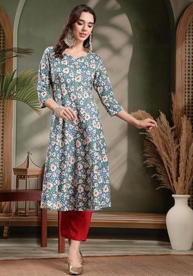 Blue Self Design Cotton Kurta Set