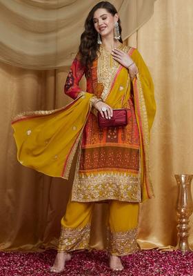 Mustard Embroidered Georgette Kurta Set