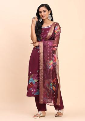 Burgundy Embroidered Silk Blend Kurta Set