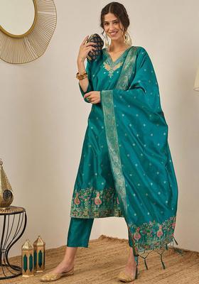 Green Printed Silk Kurta Set