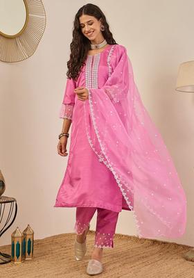 Pink Yoke Design Silk Blend Kurta Set