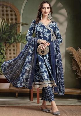 Navy Blue Self Design Cotton Kurta Set