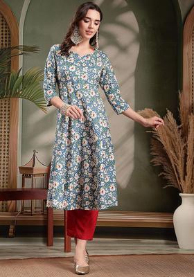 Blue Self Design Cotton Kurta Set