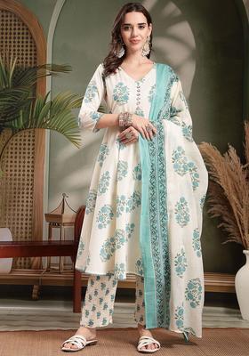 Off White Self Design Cotton Kurta Set
