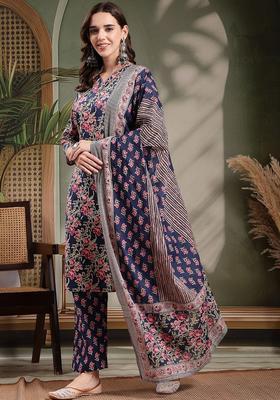 Navy Blue Printed Cotton Kurta Set