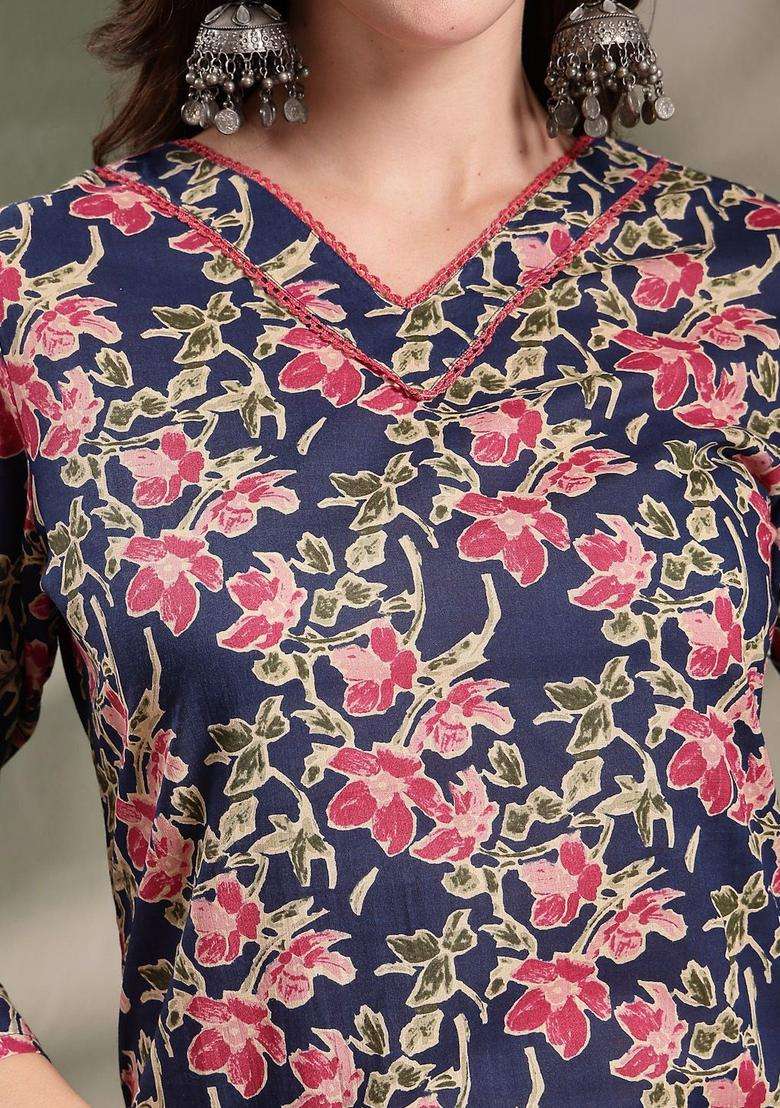Navy Blue Printed Cotton Kurta Set - Indya