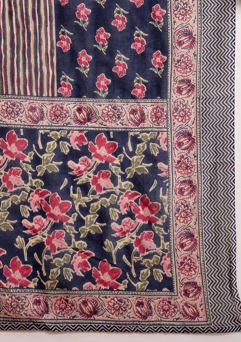 Navy Blue Printed Cotton Kurta Set - Indya
