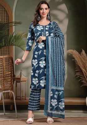 Navy Blue Printed Cotton Kurta Set