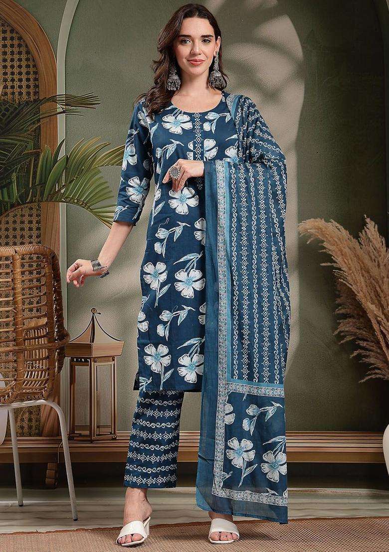 Navy Blue Printed Cotton Kurta Set - Indya