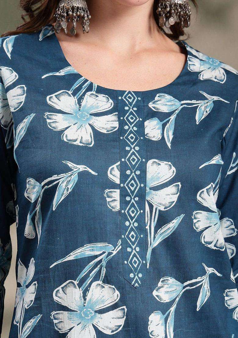 Navy Blue Printed Cotton Kurta Set - Indya