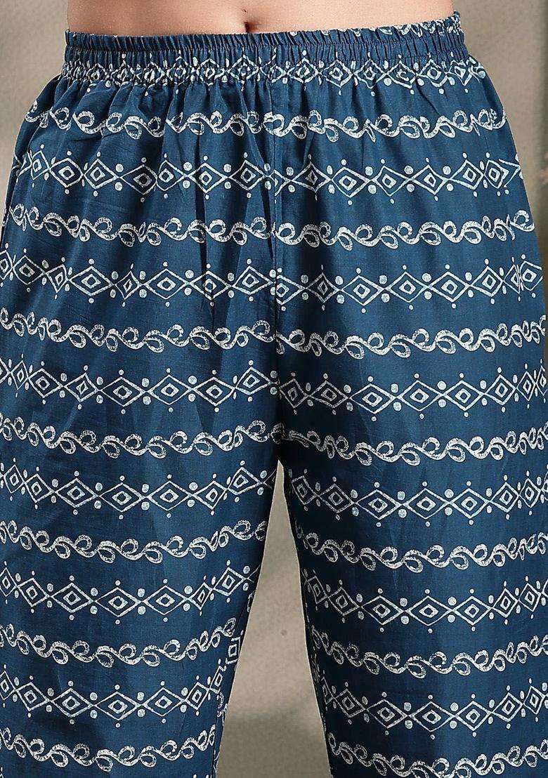 Navy Blue Printed Cotton Kurta Set - Indya