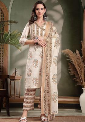 Brown Printed Cotton Kurta Set