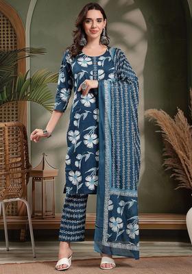 Blue Self Design Cotton Kurta Set