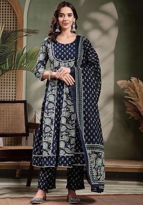 Navy Blue Printed Cotton Kurta Set