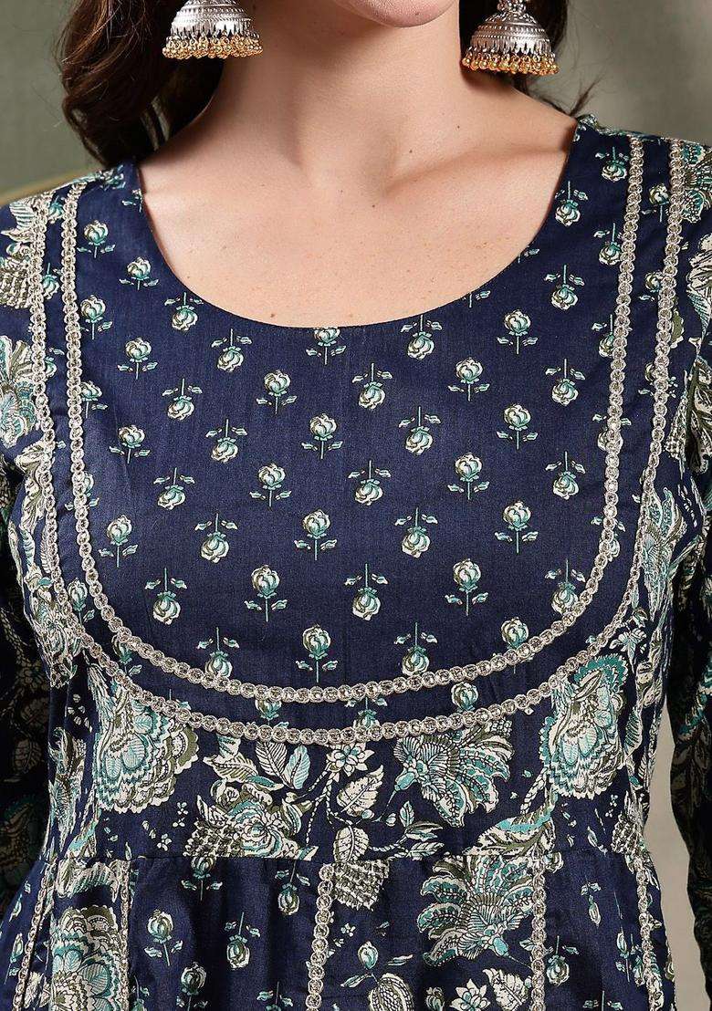 Navy Blue Printed Cotton Kurta Set - Indya