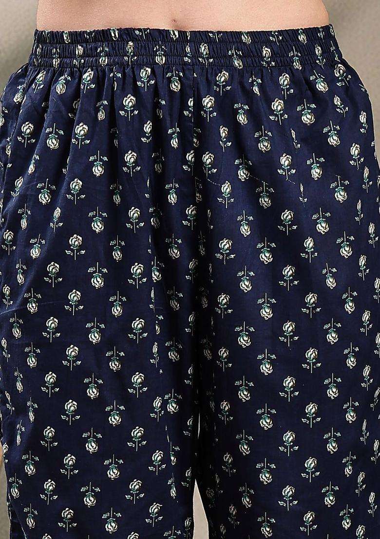 Navy Blue Printed Cotton Kurta Set - Indya