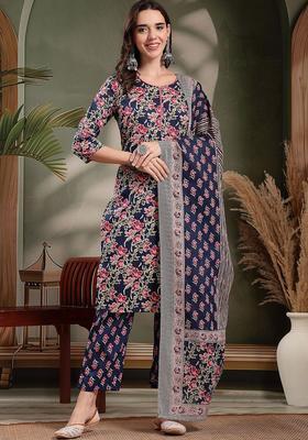 Navy Blue Printed Cotton Kurta Set