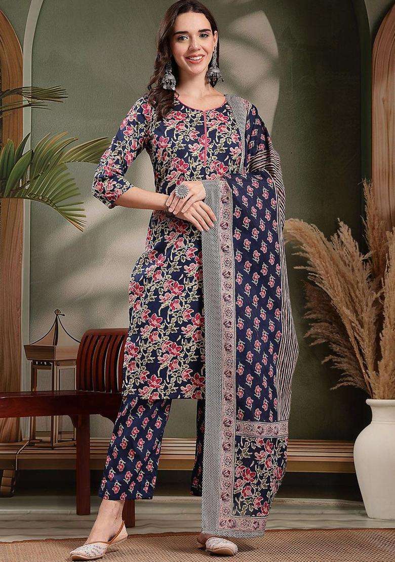Navy Blue Printed Cotton Kurta Set - Indya