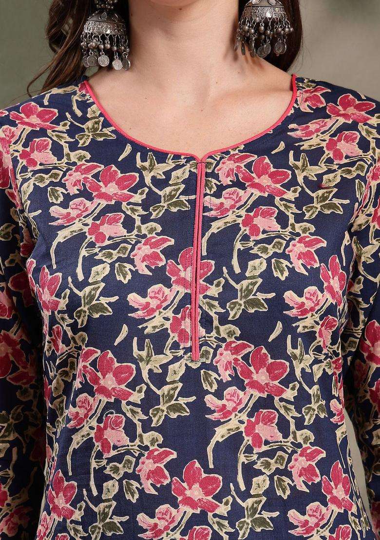 Navy Blue Printed Cotton Kurta Set - Indya